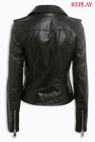 Black Replay Leather Biker Jacket